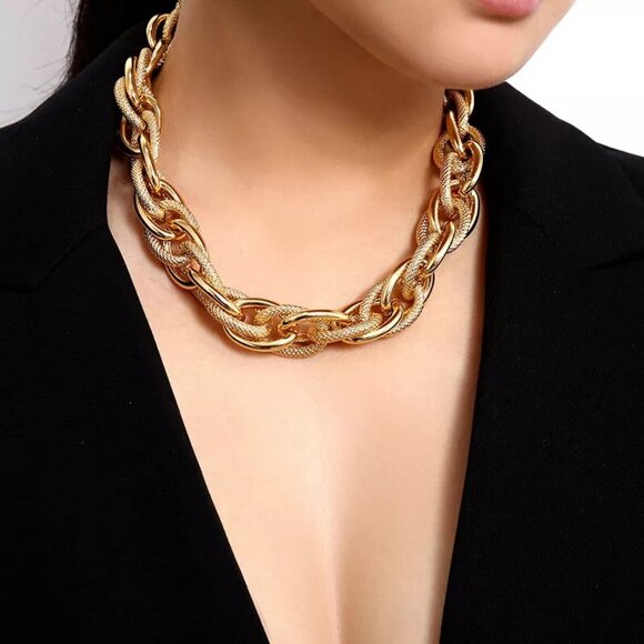 Chunky Choker Necklace - Party Cuban Link Chain Double O Link Necklaces Hip-hop - Picture 2 of 12